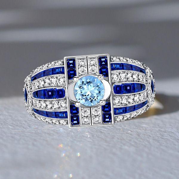 Art Deco Aquamarine Cocktail Ring in Rhodium-Plated Sterling Silver