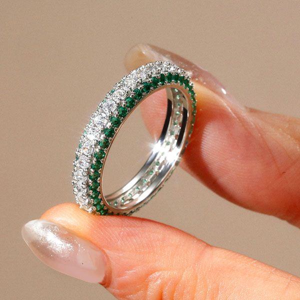 Emerald Green Round Cut Eternity Band in Sterling Silver