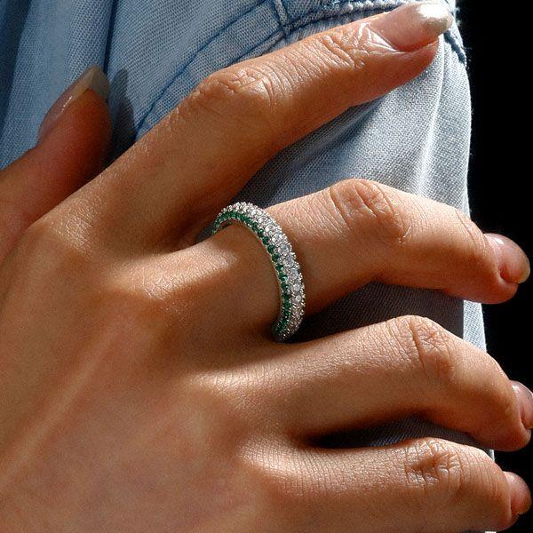 Emerald Green Round Cut Eternity Band in Sterling Silver