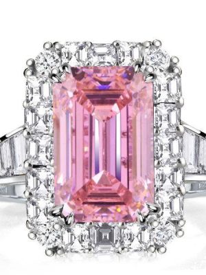 Emerald Cut Pink Simulated Emerald Engagement Ring Halo Sterling Silver