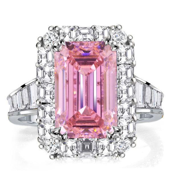 Emerald Cut Pink Simulated Emerald Engagement Ring Halo Sterling Silver
