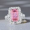 Emerald Cut Pink Simulated Emerald Engagement Ring Halo Sterling Silver