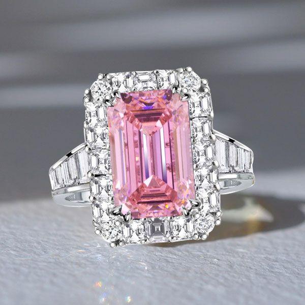 Emerald Cut Pink Simulated Emerald Engagement Ring Halo Sterling Silver