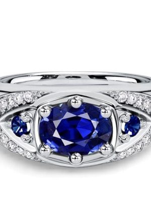 Oval Cut Blue Sapphire Halo Engagement Ring in Rhodium Plated Sterling Silver