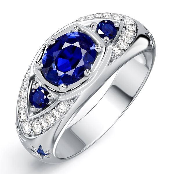 Oval Cut Blue Sapphire Halo Engagement Ring in Rhodium Plated Sterling Silver