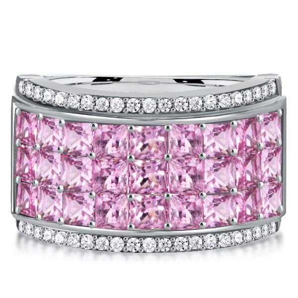 Pink Princess Cut Invisible Setting Sterling Silver Half Eternity Wedding Band Ring