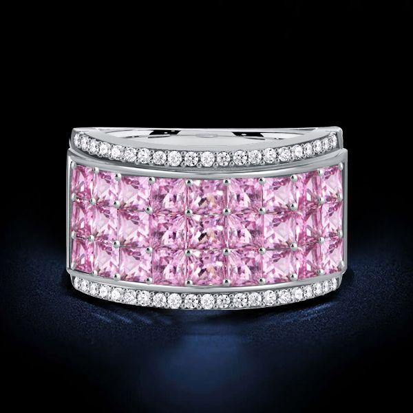 Pink Princess Cut Invisible Setting Sterling Silver Half Eternity Wedding Band Ring