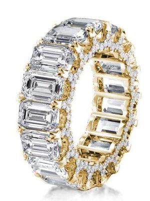 18K Gold Plated Eternity Wedding Band with Created White Sapphire and Emerald Cut Stones