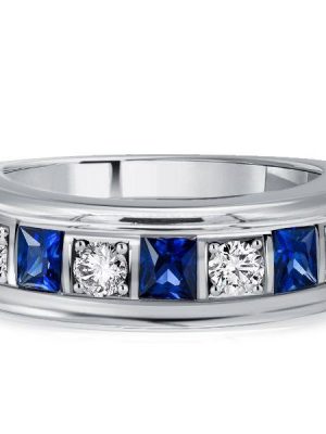 Vintage Style White & Blue Sapphire Asscher Cut Wedding Band in Sterling Silver