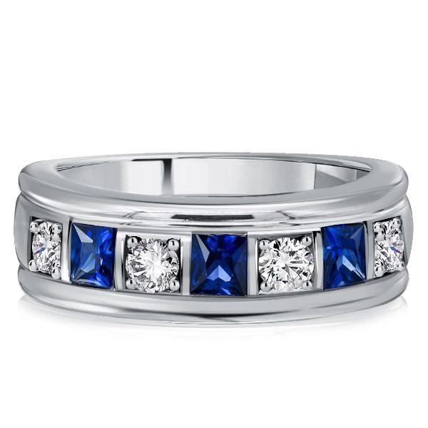 Vintage Style White & Blue Sapphire Asscher Cut Wedding Band in Sterling Silver