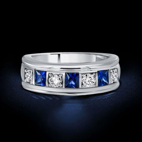 Vintage Style White & Blue Sapphire Asscher Cut Wedding Band in Sterling Silver