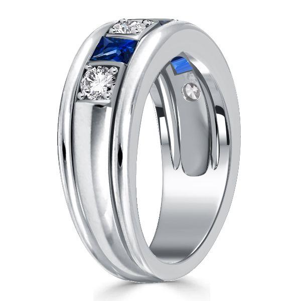 Vintage Style White & Blue Sapphire Asscher Cut Wedding Band in Sterling Silver