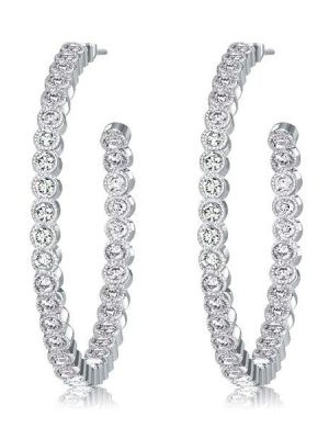Sterling Silver Plated White Sapphire Milgrain Bezel Round Cut Hoop Earrings (5.00 CTW)