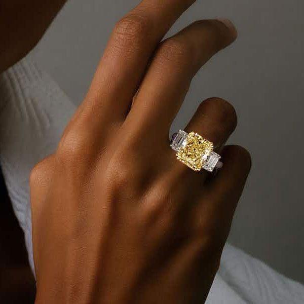 Two Tone Three Stone Yellow Sapphire Engagement Ring in Sterling Silver