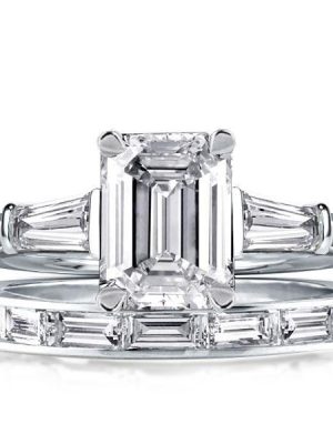Emerald & Baguette Cut Sterling Silver Three Stone Bridal Set