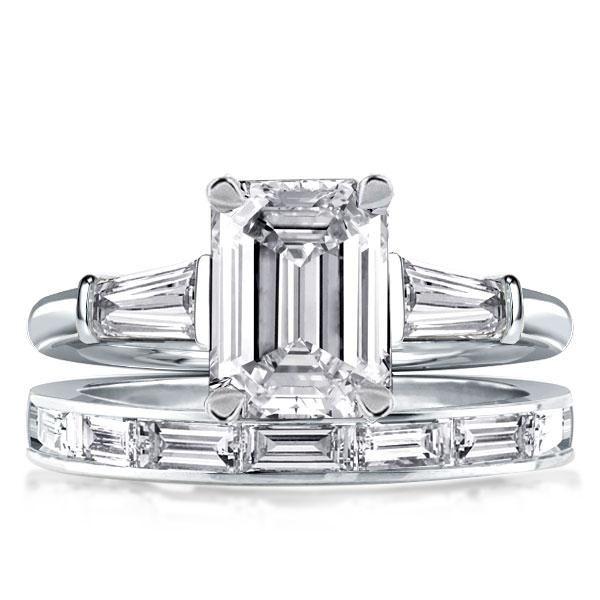 Emerald & Baguette Cut Sterling Silver Three Stone Bridal Set