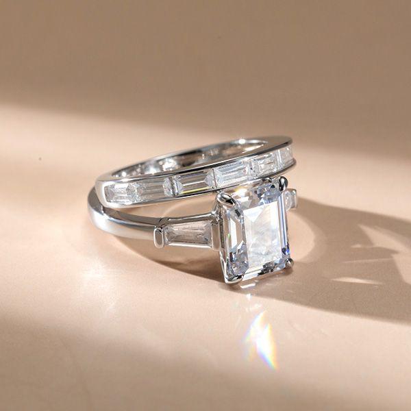 Emerald & Baguette Cut Sterling Silver Three Stone Bridal Set