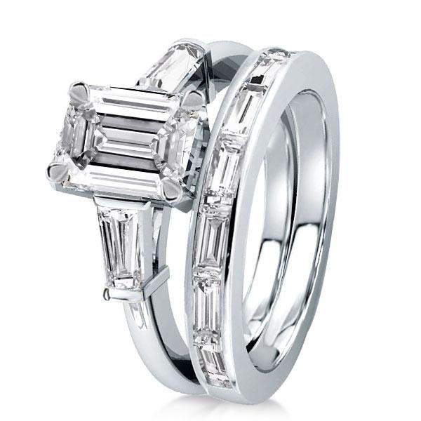 Emerald & Baguette Cut Sterling Silver Three Stone Bridal Set