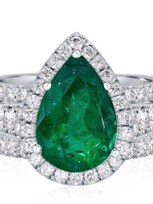 Affordable 3-Piece Halo Pear Cut Emerald Color Sapphire Wedding Ring Set in Sterling Silver