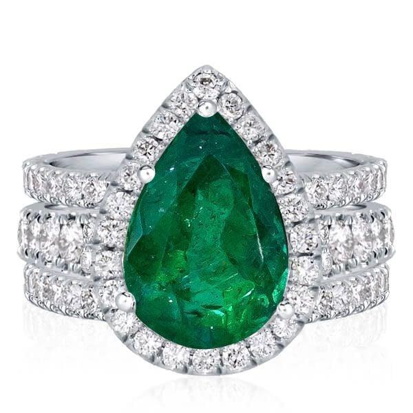 Affordable 3-Piece Halo Pear Cut Emerald Color Sapphire Wedding Ring Set in Sterling Silver