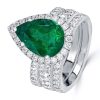 Affordable 3-Piece Halo Pear Cut Emerald Color Sapphire Wedding Ring Set in Sterling Silver
