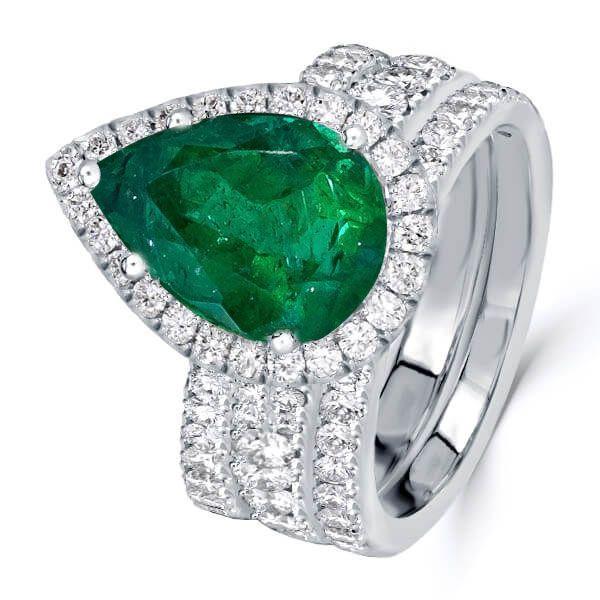Affordable 3-Piece Halo Pear Cut Emerald Color Sapphire Wedding Ring Set in Sterling Silver