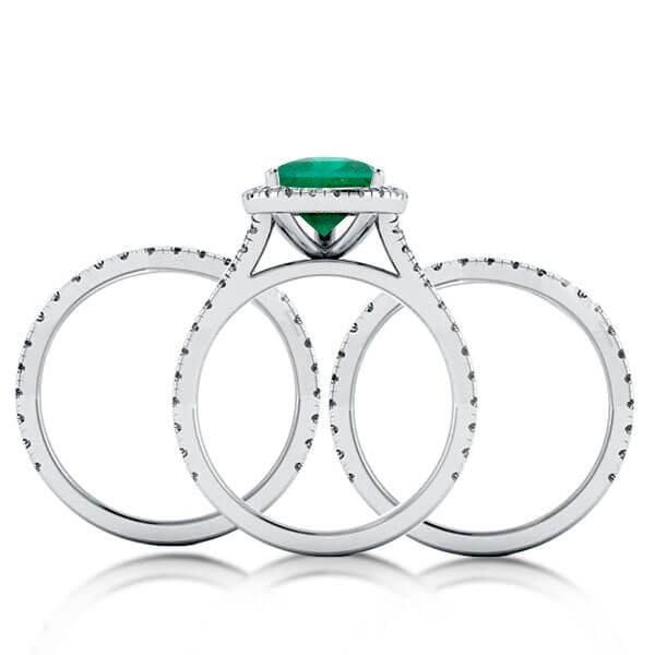 Affordable 3-Piece Halo Pear Cut Emerald Color Sapphire Wedding Ring Set in Sterling Silver