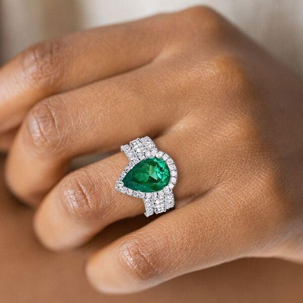 Affordable 3-Piece Halo Pear Cut Emerald Color Sapphire Wedding Ring Set in Sterling Silver