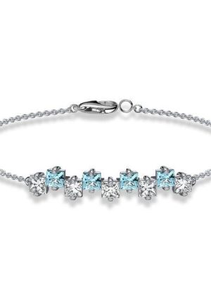 925 Sterling Silver Princess Cut White & Aquamarine Chain Bracelet for Women