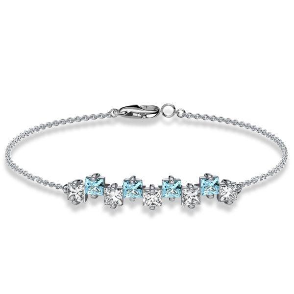 925 Sterling Silver Princess Cut White & Aquamarine Chain Bracelet for Women