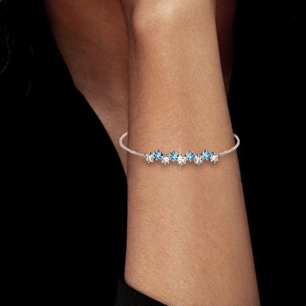 925 Sterling Silver Princess Cut White & Aquamarine Chain Bracelet for Women