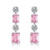 Rhodium Plated Sterling Silver Pink Sapphire Drop Earrings with Emerald Cut Accent