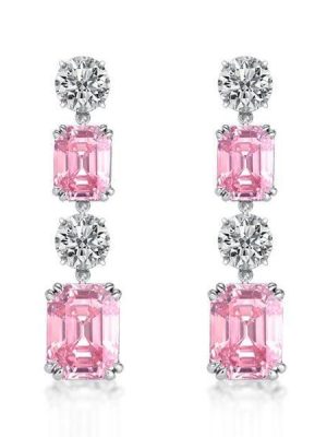 Rhodium Plated Sterling Silver Pink Sapphire Drop Earrings with Emerald Cut Accent
