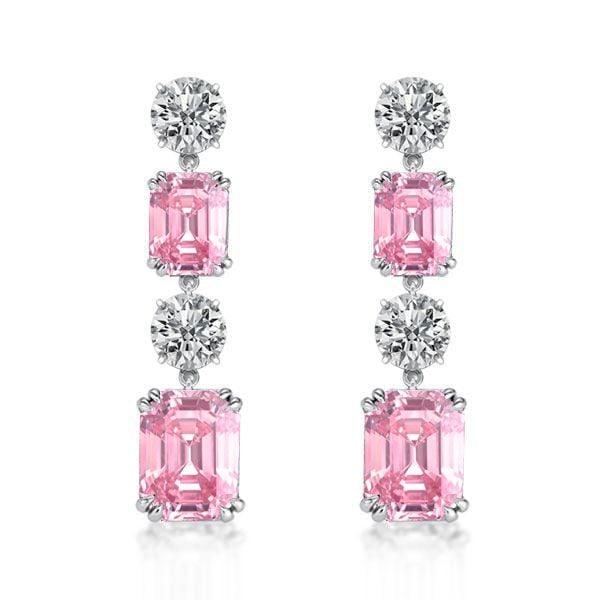 Rhodium Plated Sterling Silver Pink Sapphire Drop Earrings with Emerald Cut Accent