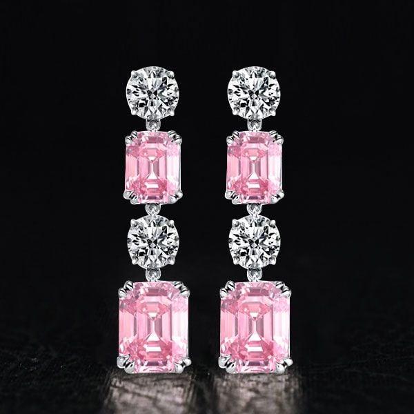 Rhodium Plated Sterling Silver Pink Sapphire Drop Earrings with Emerald Cut Accent