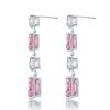 Rhodium Plated Sterling Silver Pink Sapphire Drop Earrings with Emerald Cut Accent