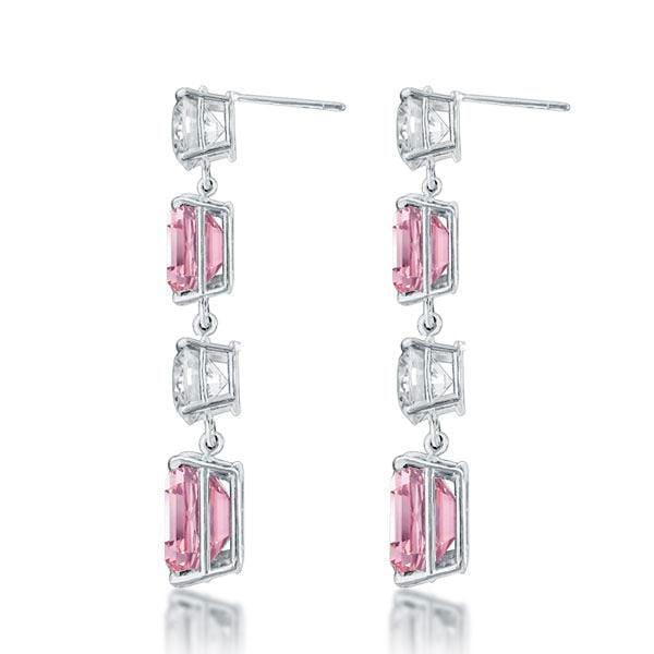 Rhodium Plated Sterling Silver Pink Sapphire Drop Earrings with Emerald Cut Accent