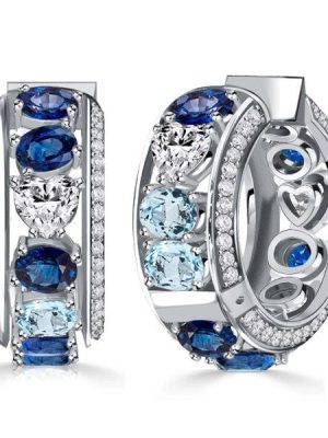 Sterling Silver Oval Cut Blue Sapphire & Aquamarine Hoop Earrings