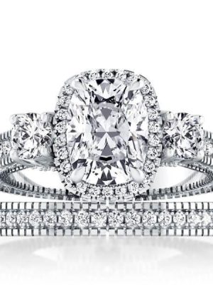 Halo Three Stone Bridal Set - Sterling Silver, Simulated Diamonds