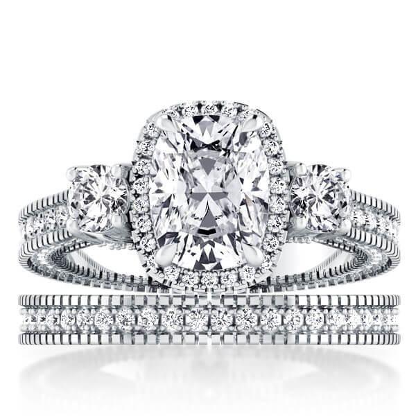 Halo Three Stone Bridal Set - Sterling Silver, Simulated Diamonds
