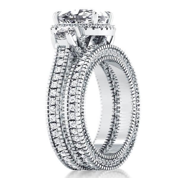 Halo Three Stone Bridal Set - Sterling Silver, Simulated Diamonds