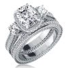 Halo Three Stone Bridal Set - Sterling Silver, Simulated Diamonds