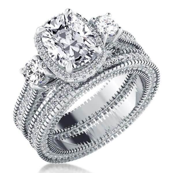 Halo Three Stone Bridal Set - Sterling Silver, Simulated Diamonds
