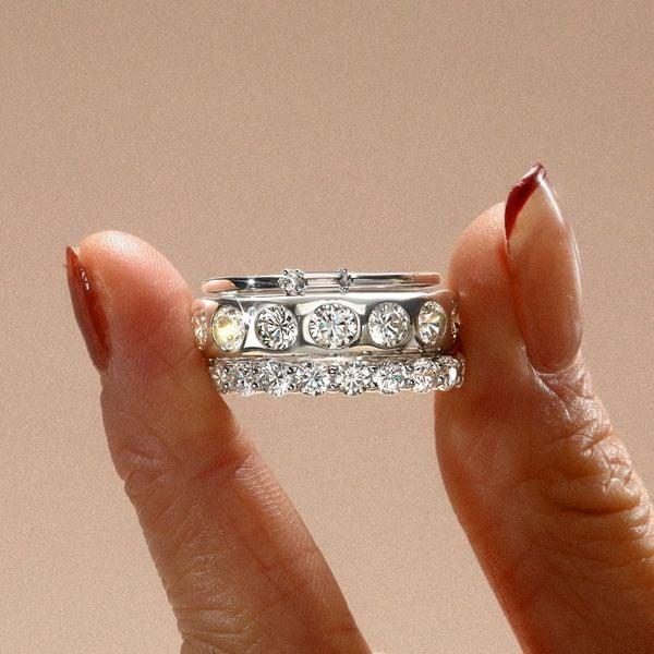 Stackable Wedding Band Set for Women in 925 Sterling Silver with Baguette and Round Cut Stones