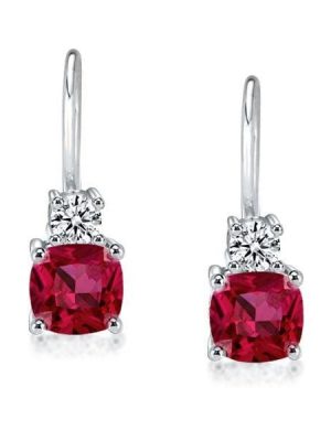 Dangle Ruby Drop Earrings for Women in 925 Sterling Silver with Cushion and Round Cut Gemstones