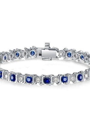 Blue and White Sapphire Tennis Bracelet in Rhodium Plated 925 Sterling Silver