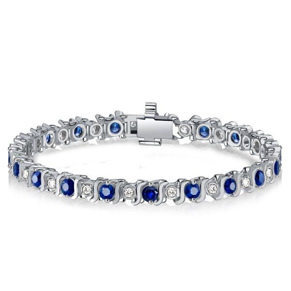 Blue and White Sapphire Tennis Bracelet in Rhodium Plated 925 Sterling Silver