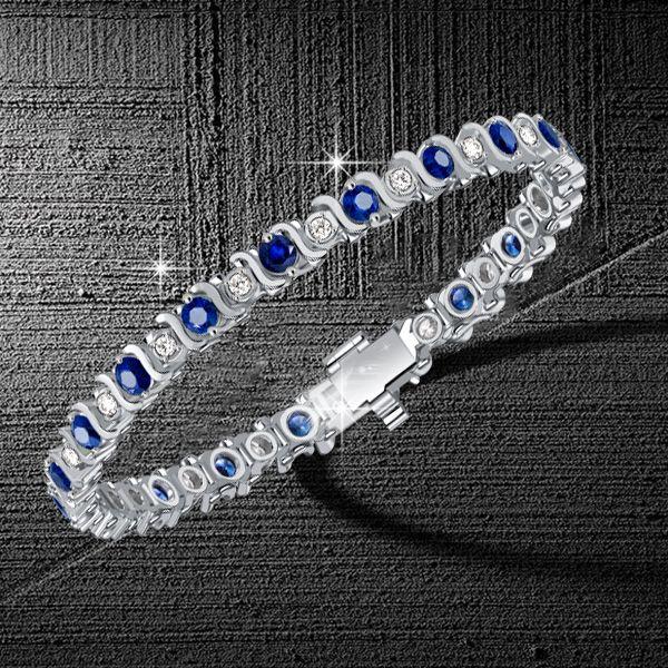 Blue and White Sapphire Tennis Bracelet in Rhodium Plated 925 Sterling Silver