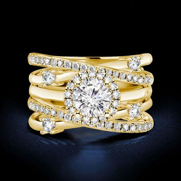 Round Cut Halo Engagement Ring Set for Women, 2.16CT TW, 18K Gold Plated Sterling Silver