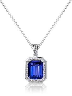Halo Blue Emerald Pendant Necklace - 925 Sterling Silver, 3.00 CT Gem